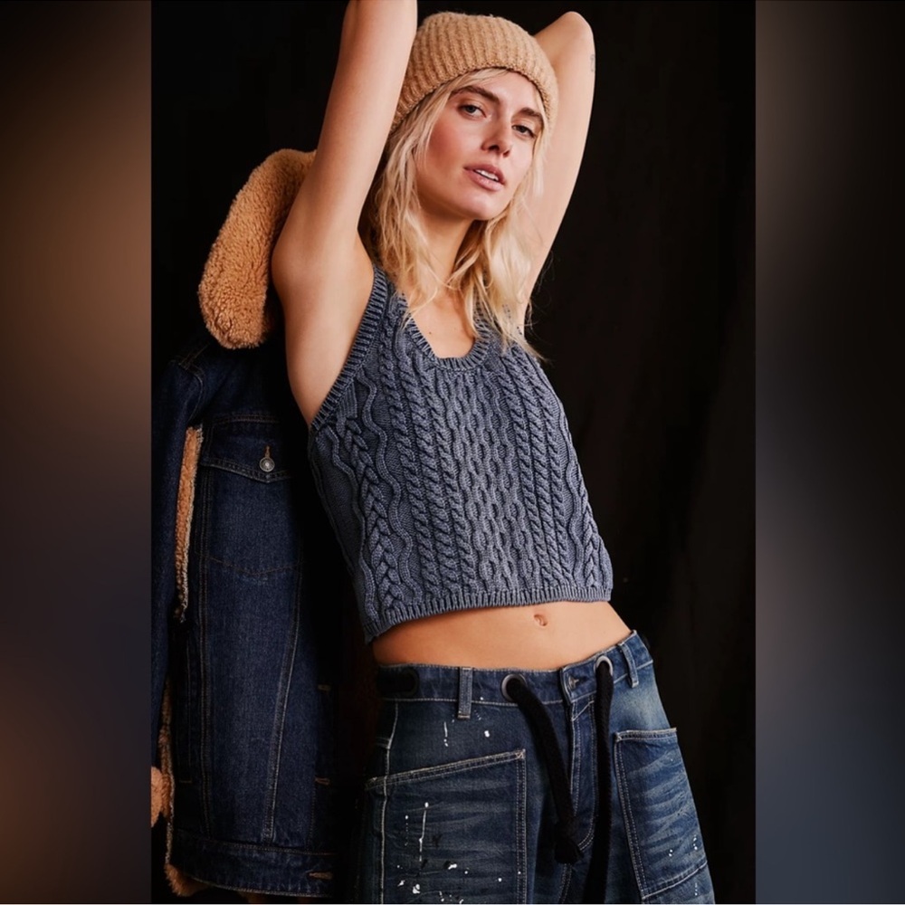Free People High Tide Foil Print Cable Knit Sweater Tank Top Black Silver Small
